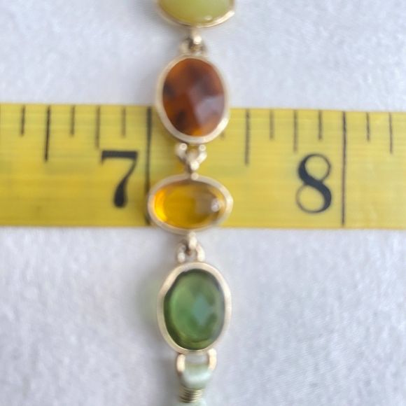 Dangling Pendant Necklace Brown Green Yellow Faceted StonesRibbon Neckline - Picture 12 of 13